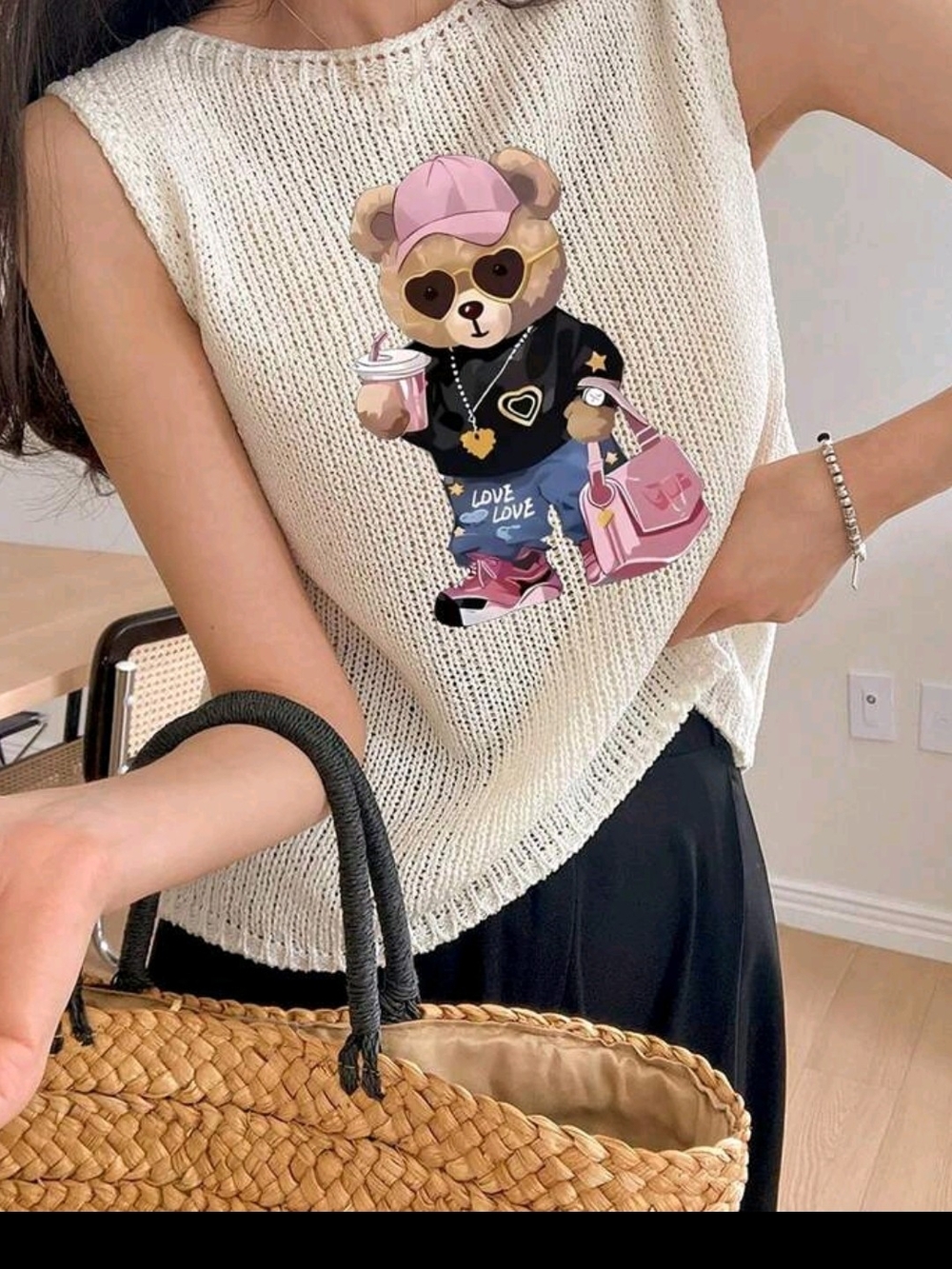 Cream Knit Sleeveless Top with Cute Bear Graphic - Picture 1 of 3
